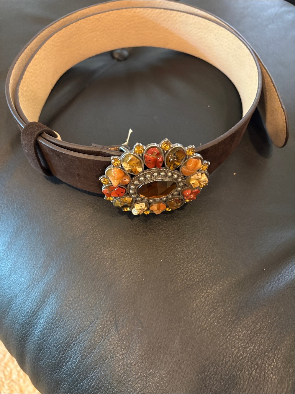 Women's Brown Suede Belt with Amber Floral Jewel Buckle